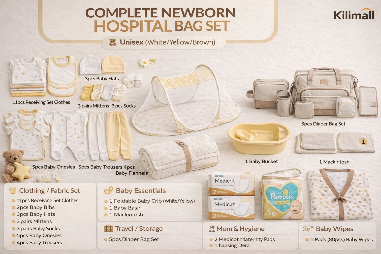 Complete 35-in-1 Newborn Hospital Bag Essentials Bundle - Portable Baby Nest, 5-in-1 Diaper Bag, Basin & 20+ Clothing Items (Prints May Vary)