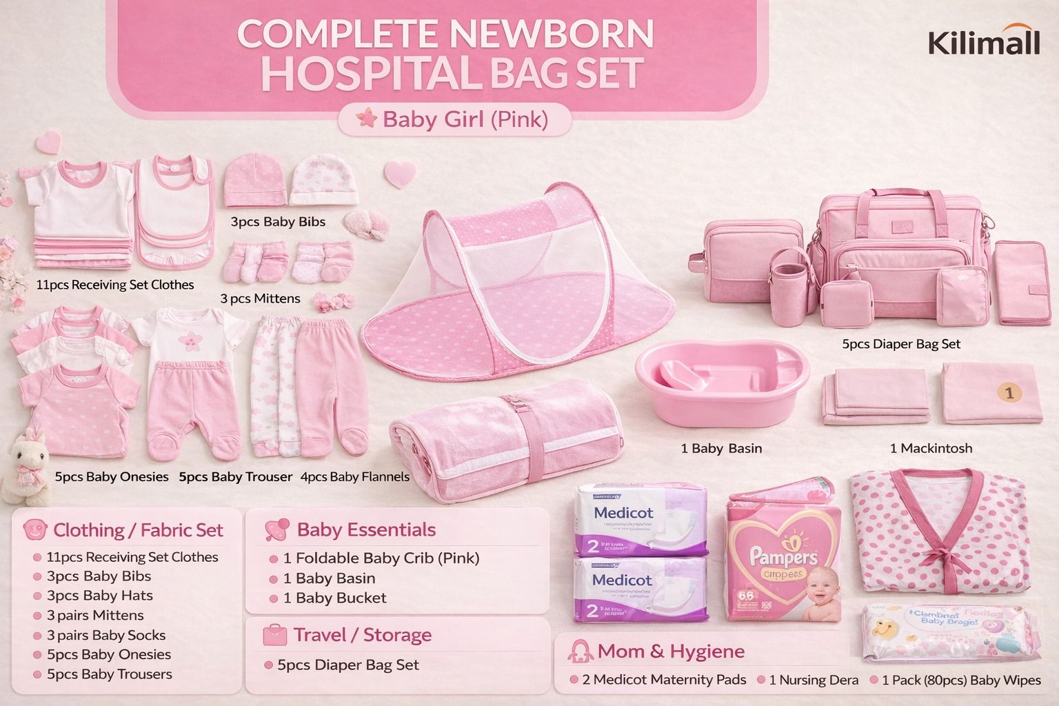 Complete 35-in-1 Newborn Hospital Bag Essentials Bundle - Portable Baby Nest, 5-in-1 Diaper Bag, Basin & 20+ Clothing Items (Prints May Vary)