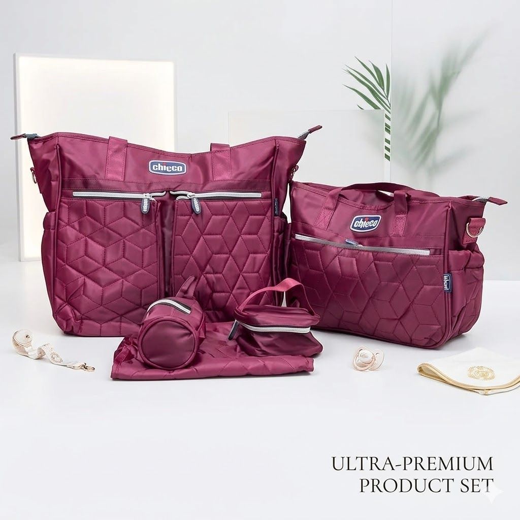 Chicco 5-Piece Waterproof Diaper Bag Set – Multi-Functional Maternity Travel Set with Changing Pad & Bottle Holder