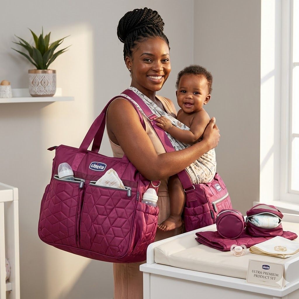 Chicco 5-Piece Waterproof Diaper Bag Set – Multi-Functional Maternity Travel Set with Changing Pad & Bottle Holder