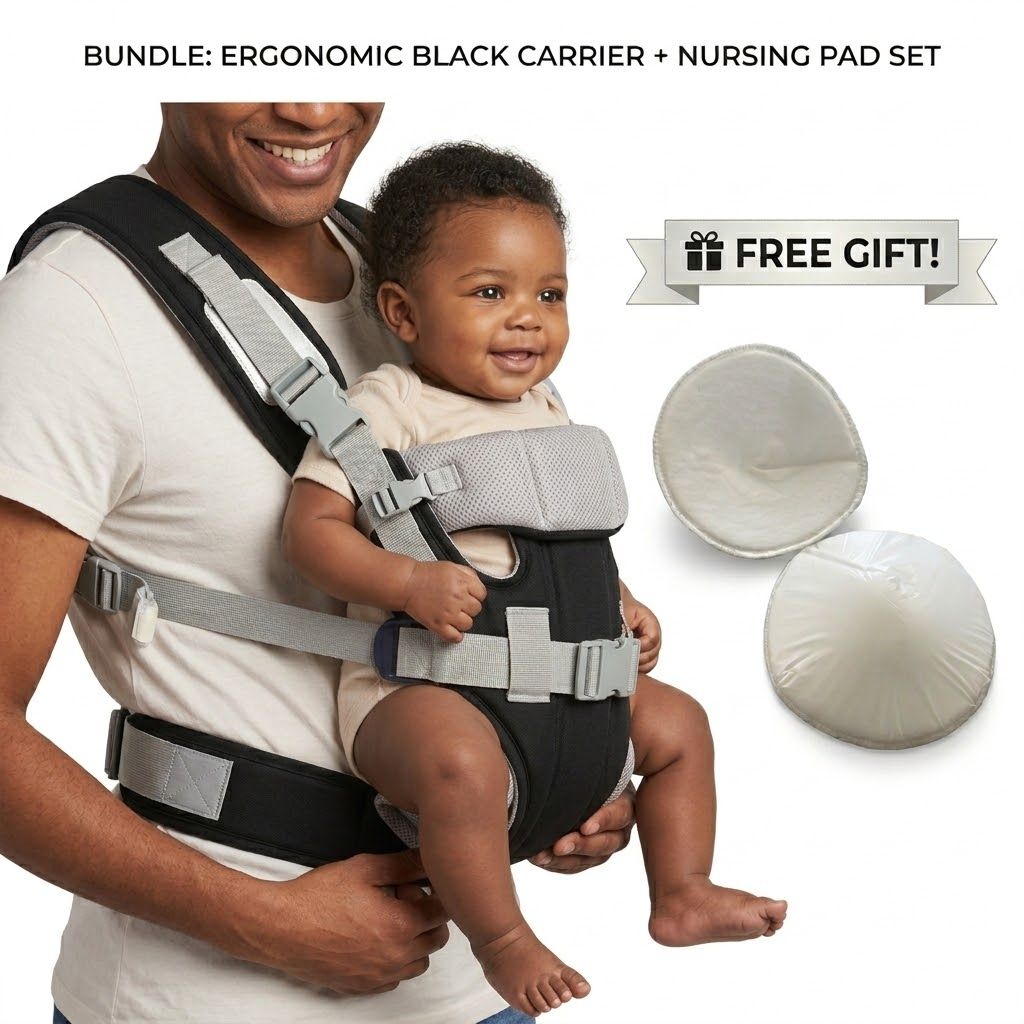 Ergonomic 5-in-1 Baby Carrier (Premium Black) – Multi-Position Breathable Sling + FREE Luxury Breast Pads Gift