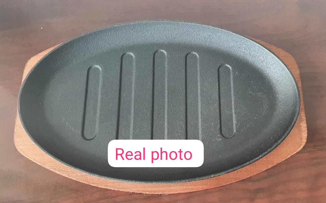 Premium Cast Iron Hot Sizzling Plate with Wooden Tray | Heavy-Duty Heat Retention Steak & BBQ Serving Platter | Oval & Round Available