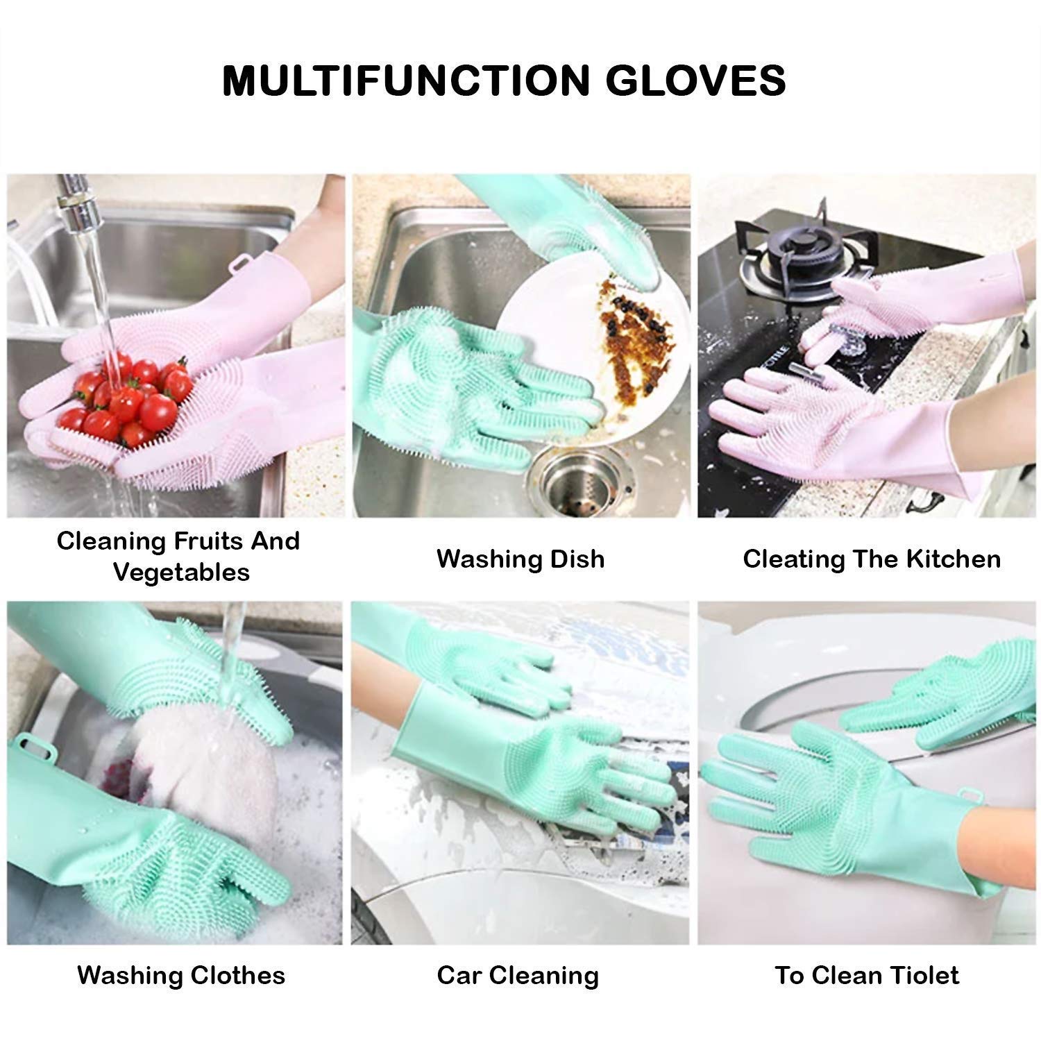 Reusable Silicone Wash Gloves with Built-In Scrubber – Heat Resistant Dishwashing, Kitchen Cleaning, Bathroom & Multipurpose Cleaning Gloves