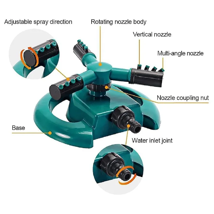 3-Arm Rotating Garden Sprinkler with Dual Spray Angle Options – 360° Automatic Lawn Irrigation Sprayer, Adjustable Multi-Angle Nozzles for Yard, Farm & Garden Watering