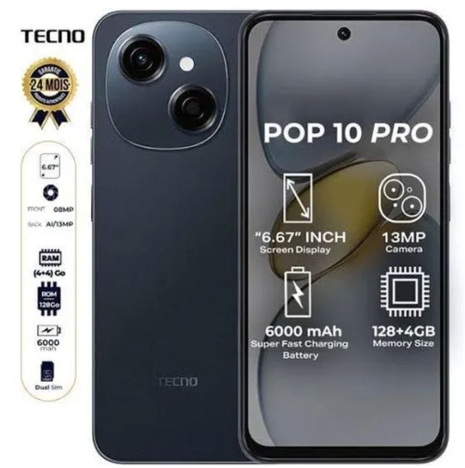 [New Arrival] TECNO POP 10 Pro - 6.67" HD+, 128GB ROM +(4+4) 8GB RAM, 6000mAh Battery, Dual SIM, 13MP Main Camera, Side Fingerprint Unlocking, 18W Fast Charging With FreeLink Calls SMARTPHONE