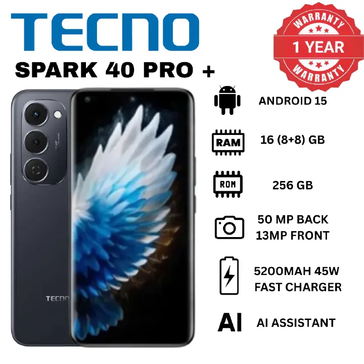 [New Arrivals] TECNO SPARK 40 Pro+ plus 256GB+16(8+8)GB 6.78 120Hz Phone Dynamic Port 50MP Stereo Speaker 5200mAh 45W Type-C Dual SIM 4G Under Display Fingerprint SPARK 40 Pro Plus IP64 AI Smartphones