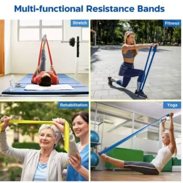 Three TPE Resistance Bands – Yellow (light), Blue (medium), Red ( heavy), Non-Latex Yoga, Pilates & Fitness Bands for Home & Gym