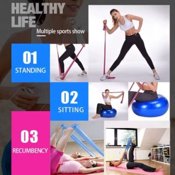 Three TPE Resistance Bands – Yellow (light), Blue (medium), Red ( heavy), Non-Latex Yoga, Pilates & Fitness Bands for Home & Gym