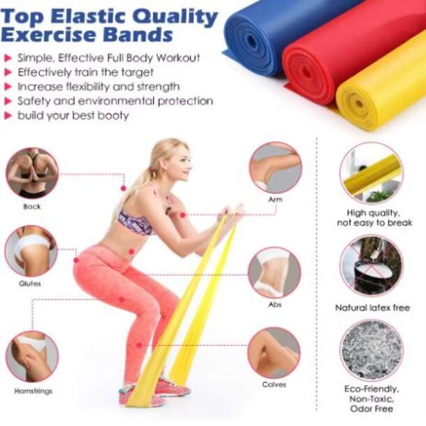Three TPE Resistance Bands – Yellow (light), Blue (medium), Red ( heavy), Non-Latex Yoga, Pilates & Fitness Bands for Home & Gym