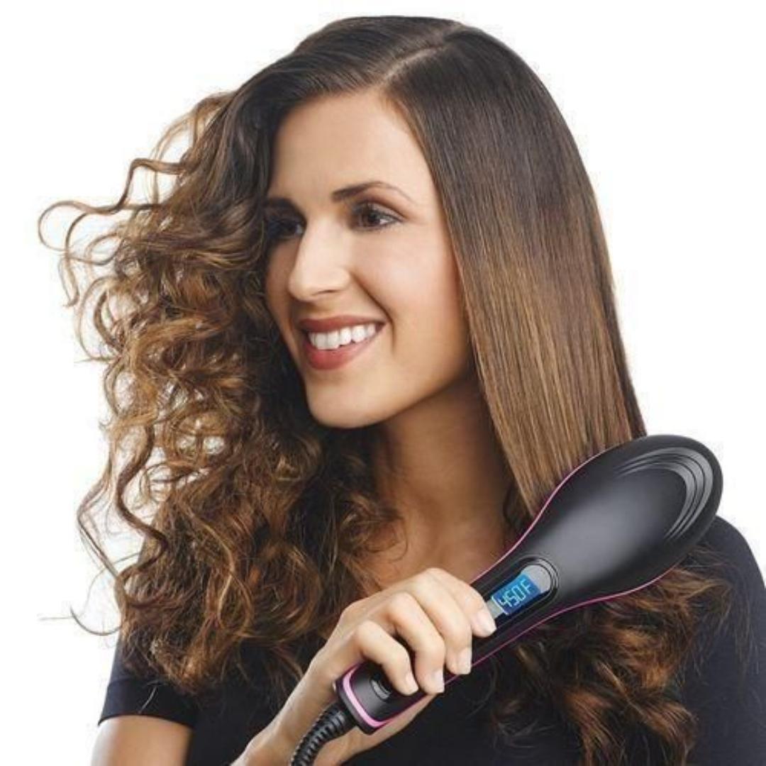 Simply Straight Hot Comb Blowdry Hair Straightener Brush Electric Hand Hair Blow Dryer Black, Fast Heating Hair Styler with LCD Display, 3D Ceramic Bristles for Smooth, Frizz-Free Hair