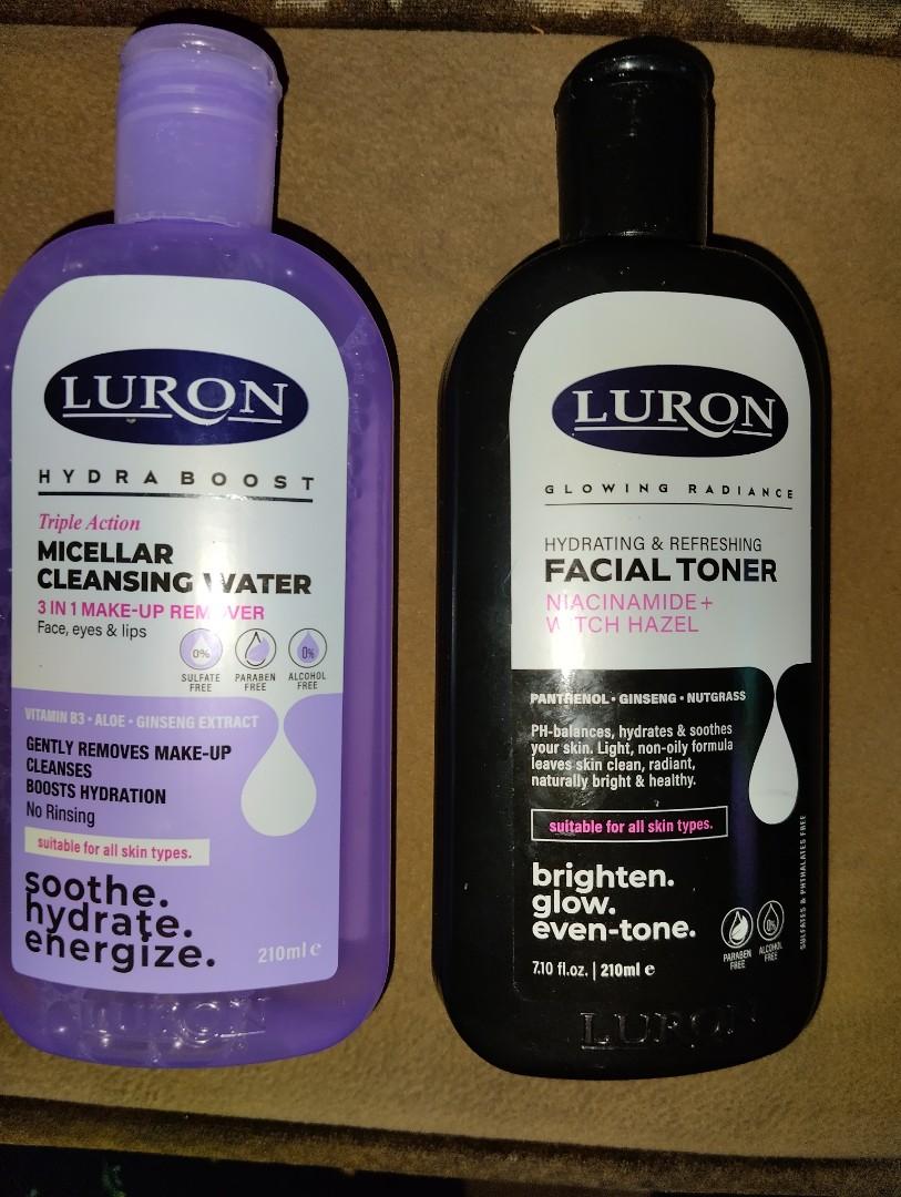 luron glowing radiance hydrating and refreshing facial toner niacinamide with witch hazel and luron hydraboost triple action micellar cleansing water.