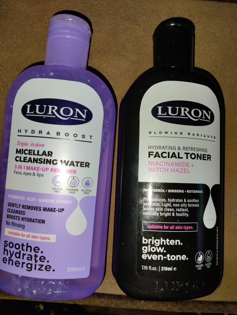 luron glowing radiance hydrating and refreshing facial toner niacinamide with witch hazel and luron hydraboost triple action micellar cleansing water.