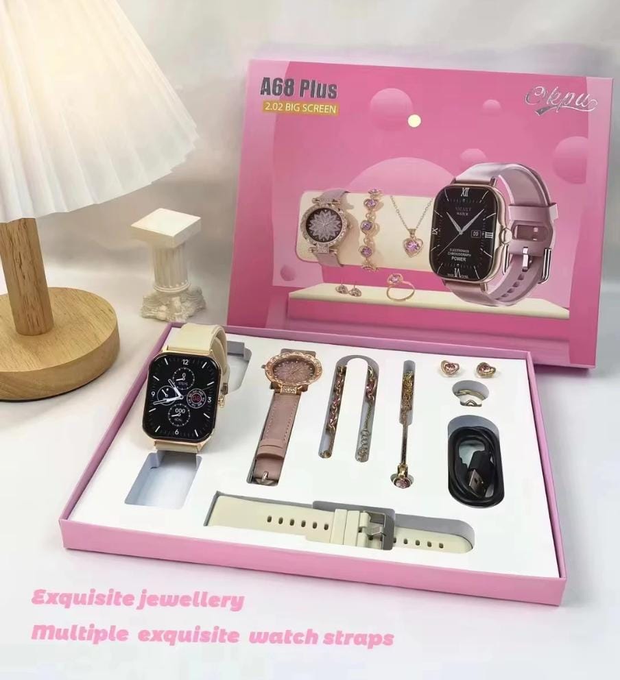 7 IN 1 Smart Watch A58 Plus - Big screen with – Necklace -Earrings - Bracelet -Ring Luxury Gift Box For Women,Bluetooth and wireless earphones,Recieve SMS,Calling and recieve calls,Heart Rate
