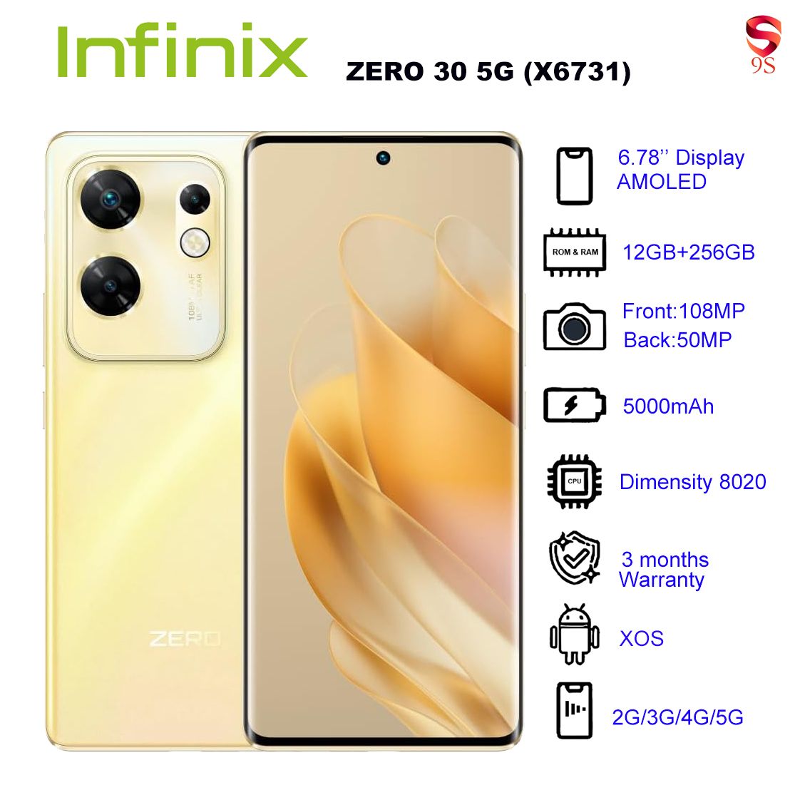 Refurbished Phone Infinix ZERO 30 5G (X6731) 12GB RAM + 256GB ROM Sunset Gold 6.78 inch Display Dual SIM 50M Front Camera 108M Back Camera 5000mAh Battery 3 Months Warranty_12024008