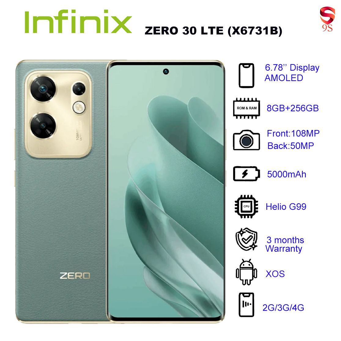 Refurbished Phone Infinix ZERO 30 LTE (X6731B) 8GB RAM + 256GB ROM Misty Green 6.78 inch Display Dual SIM 50M Front Camera 108M Back Camera 5000mAh Battery 3 Months Warranty_12024525