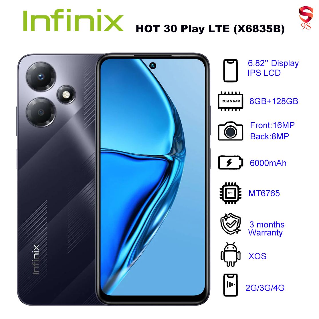 Refurbished Phone Infinix HOT 30 Play LTE (X6835B) 8GB RAM + 128GB ROM Mirage Black 6.82 inch Display Dual SIM 8M Front Camera 16M  Back Camera 6000mAh Battery 3 Months Warranty_12022009