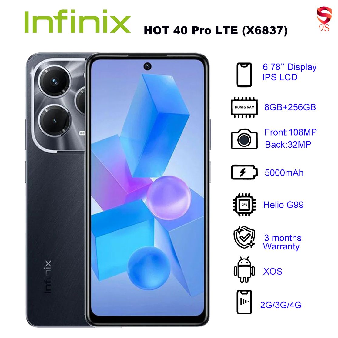 Refurbished Phone Infinix HOT 40 Pro LTE (X6837) 8GB RAM + 256GB ROM Starlit Black 6.78 inch Display Dual SIM 32M Front Camera 108M Back Camera 5000mAh Battery 3 Months Warranty_12024711
