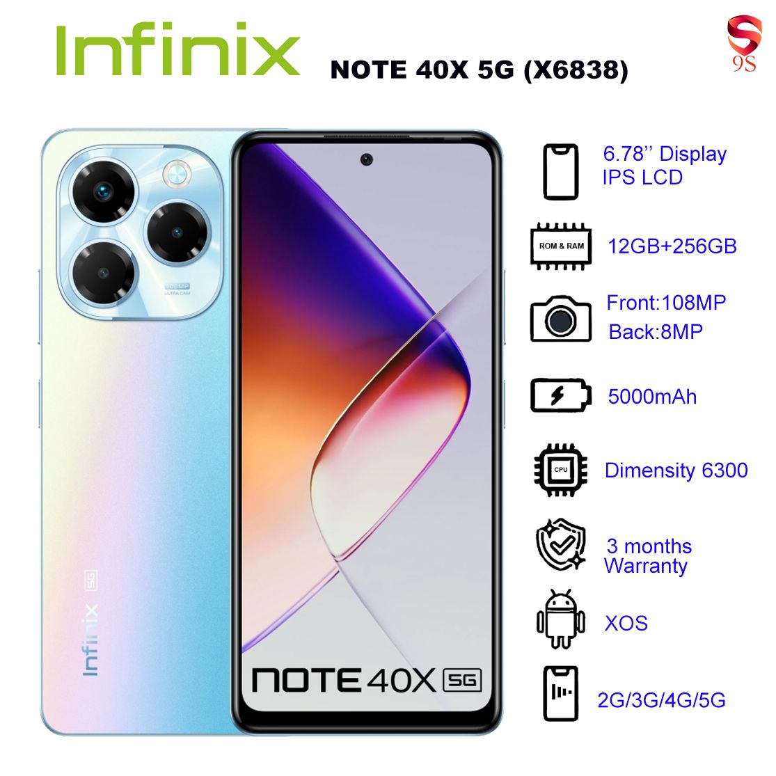 Refurbished Phone Infinix NOTE 40X  5G (X6838) 12GB RAM + 256GB ROM Palm Blue 6.78 inch Display Dual SIM 8M Front Camera 108M Back Camera 5000mAh Battery 3 Months Warranty_12029750