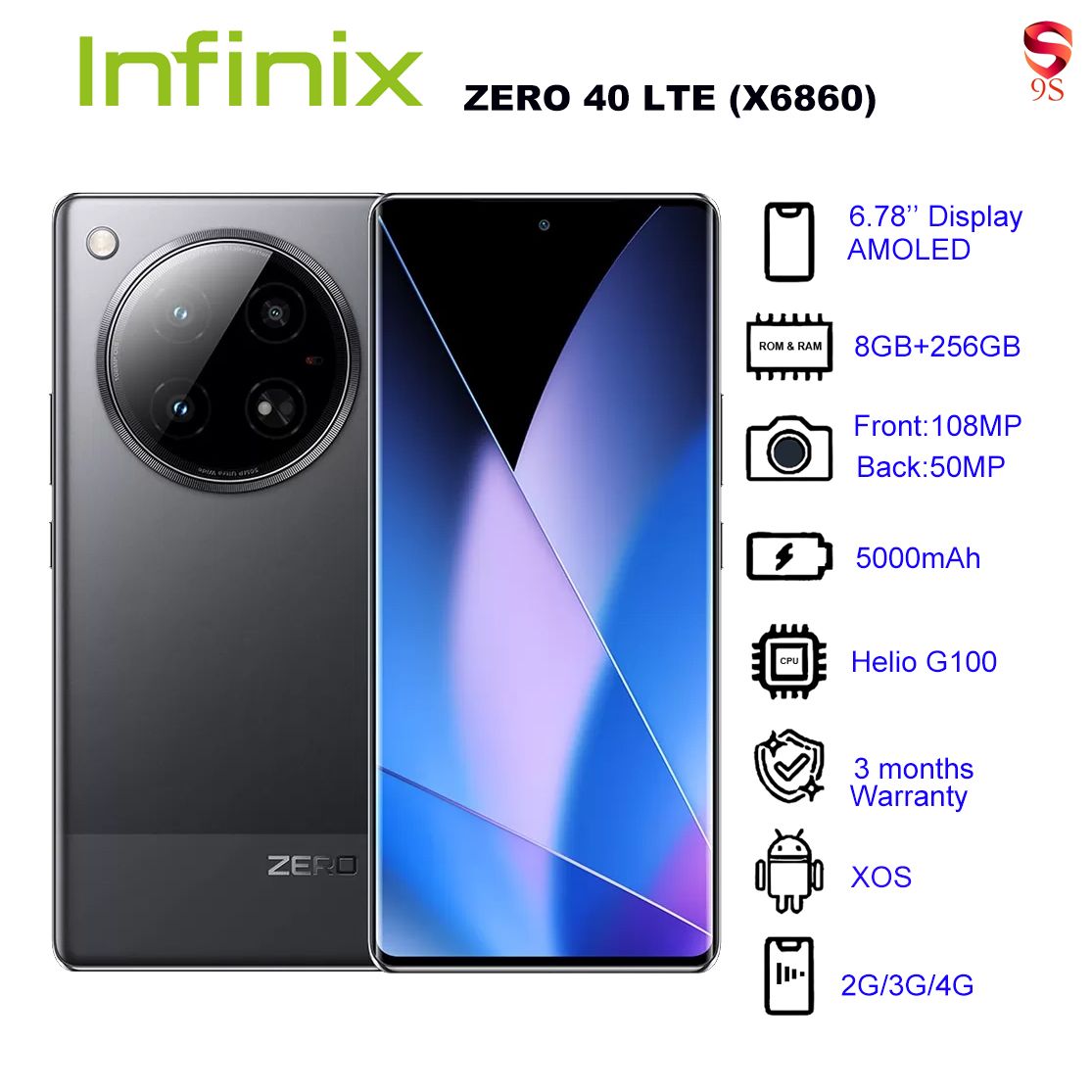 Refurbished Phone Infinix ZERO 40 LTE (X6860) 8GB RAM + 256GB ROM Rock Black 6.78 inch Display Dual SIM 50M Front Camera 108M Back Camera 5000mAh Battery 3 Months Warranty_12029953