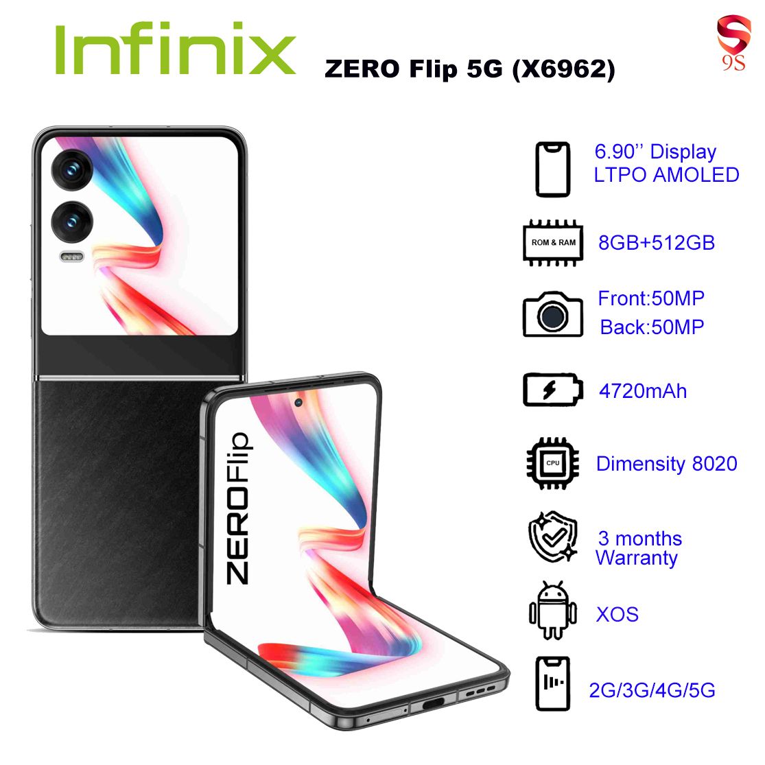 Refurbished Phone Infinix ZERO Flip 5G (X6962) 8GB RAM + 512GB ROM Rock Black 6.90 inch Display Dual SIM 50M Front Camera 50M Back Camera 4720mAh Battery 3 Months Warranty_12028770