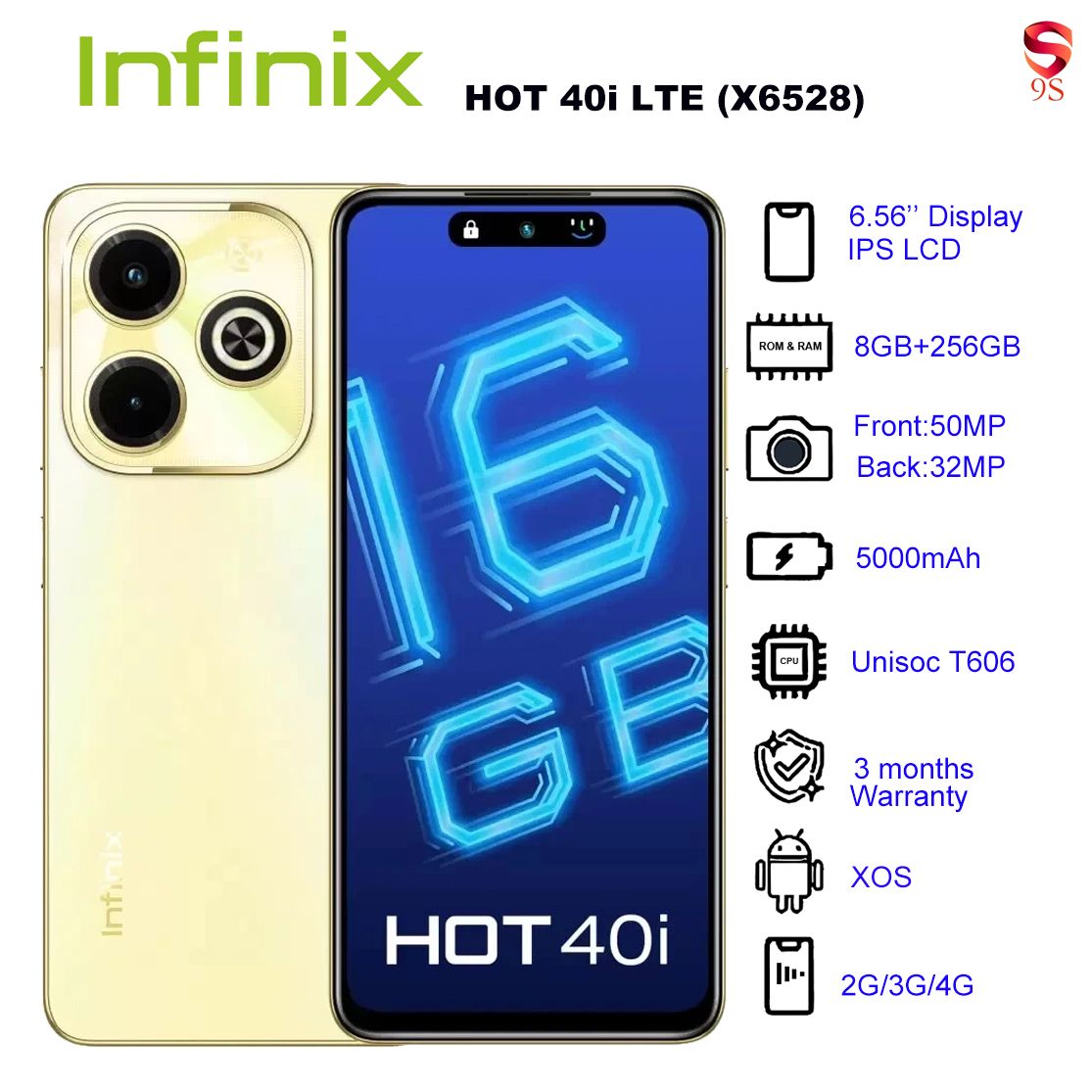 Refurbished Phone Infinix HOT 40i LTE (X6528) 8GB RAM + 256GB ROM Horizon Gold 6.56 inch Display Dual SIM 32M Front Camera 50M  Back Camera 5000mAh Battery 3 Months Warranty_12025543