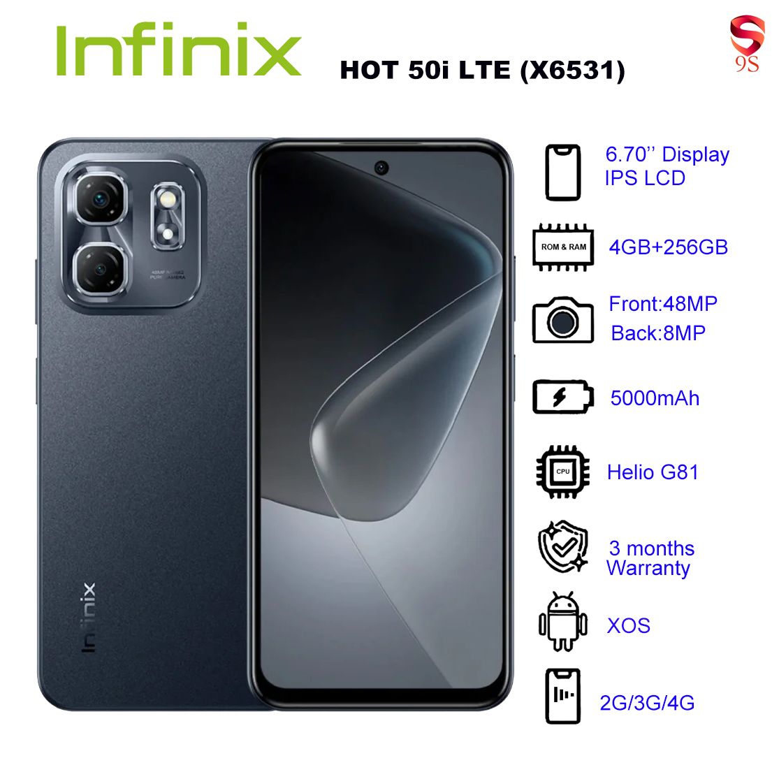 Refurbished Phone Infinix HOT 50i LTE (X6531) 4GB RAM + 256GB ROM Sleek Black 6.70 inch Display Dual SIM 8M Front Camera 48M  Back Camera 5000mAh Battery 3 Months Warranty_12030597