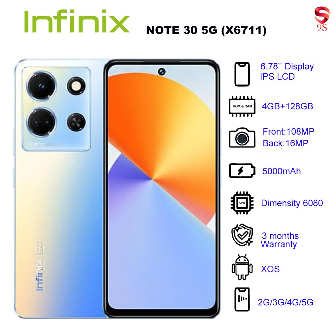 Refurbished Phone Infinix NOTE 30 5G (X6711) 4GB RAM + 128GB ROM Interstellar Blue 6.78 inch Display Dual SIM 16M Front Camera 108M Back Camera 5000mAh Battery 3 Months Warranty_12021815