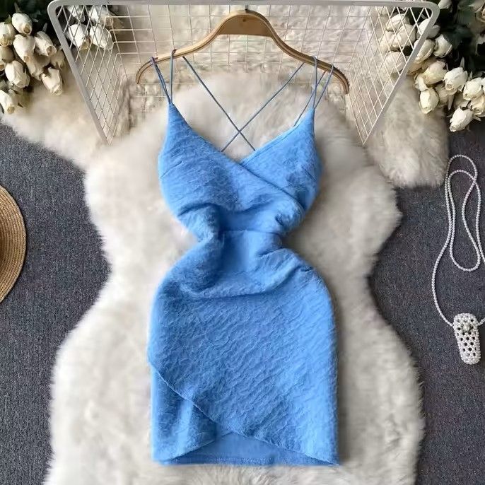 Valentine deal Spring,Summer,Tight Package Hip Accept Waist Sexy Pure Blue Strap Dress
