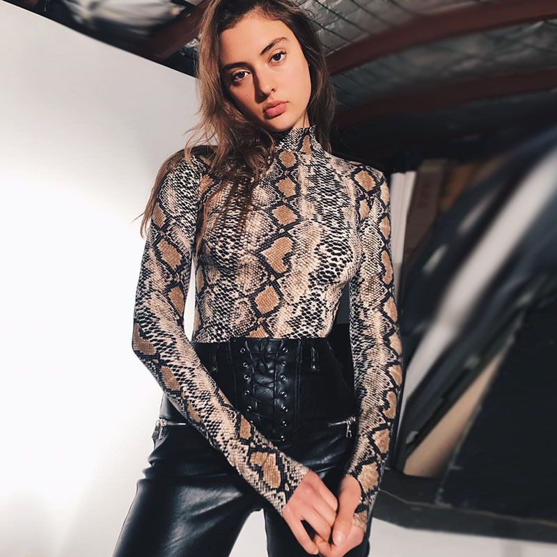 Snake Printed Bottoming Shirt  European Long Sleeve High Collar Jumpsuit for Women  254 fashion bodysuits for women