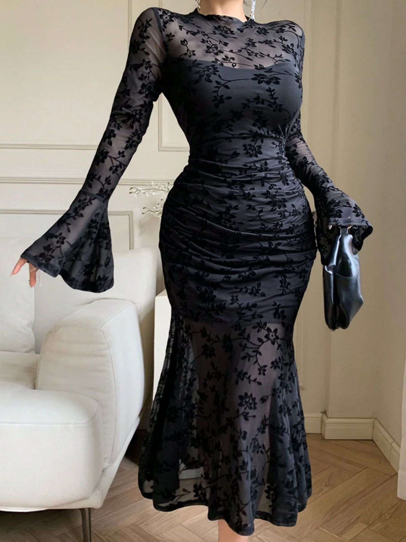 Mesh Flocked Bodycon Mermaid Dress Elegant Versatile Evening Gown 254 fashion style