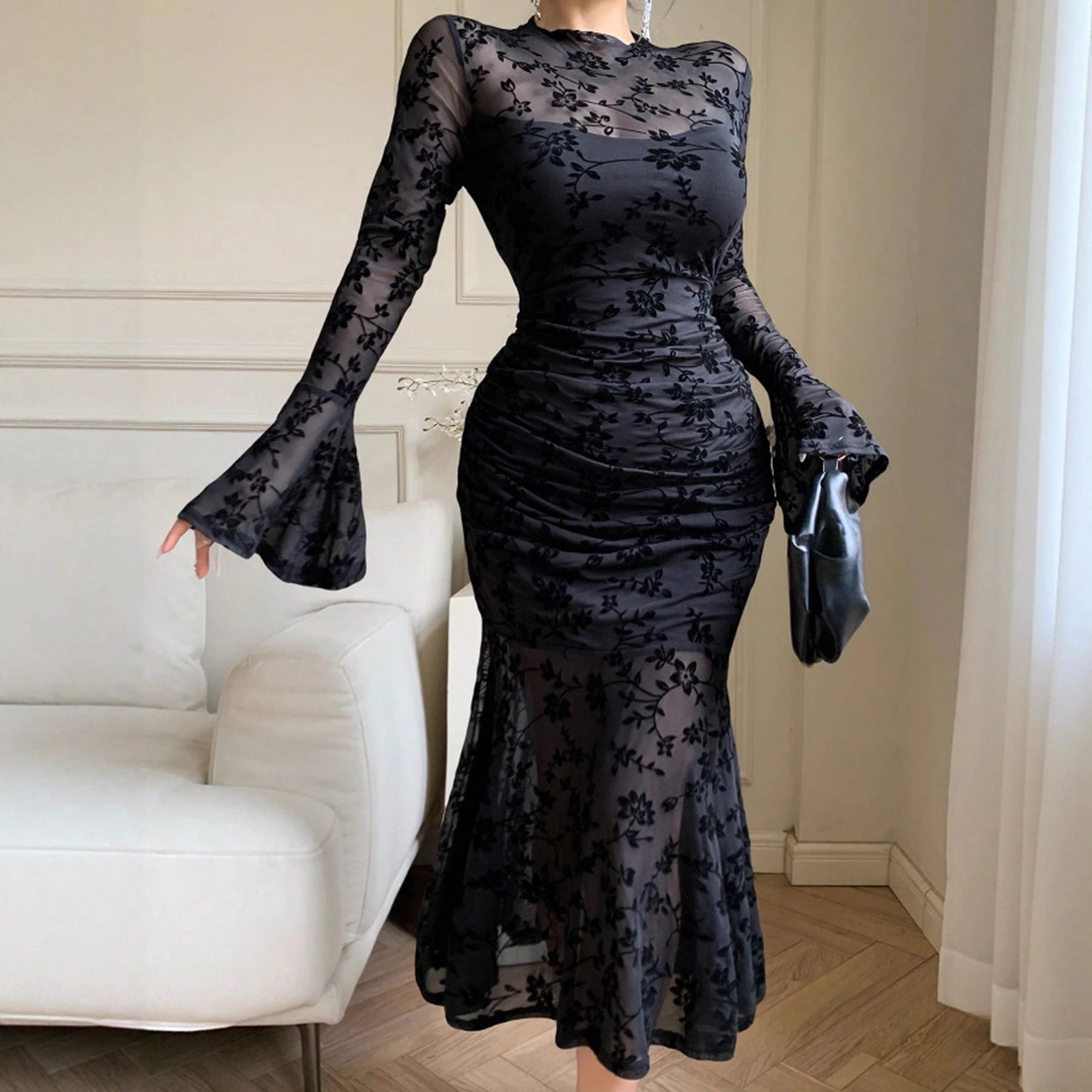 Mesh Flocked Bodycon Mermaid Dress Elegant Versatile Evening Gown 254 fashion style