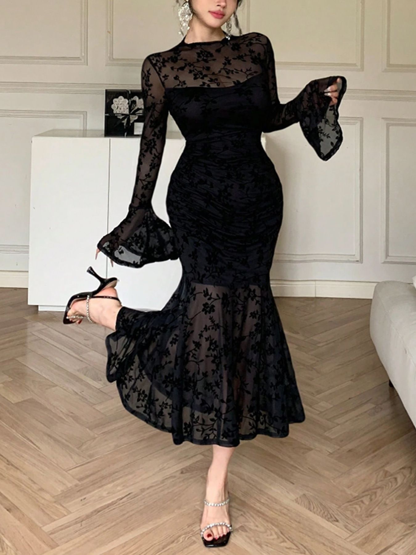 Mesh Flocked Bodycon Mermaid Dress Elegant Versatile Evening Gown 254 fashion style