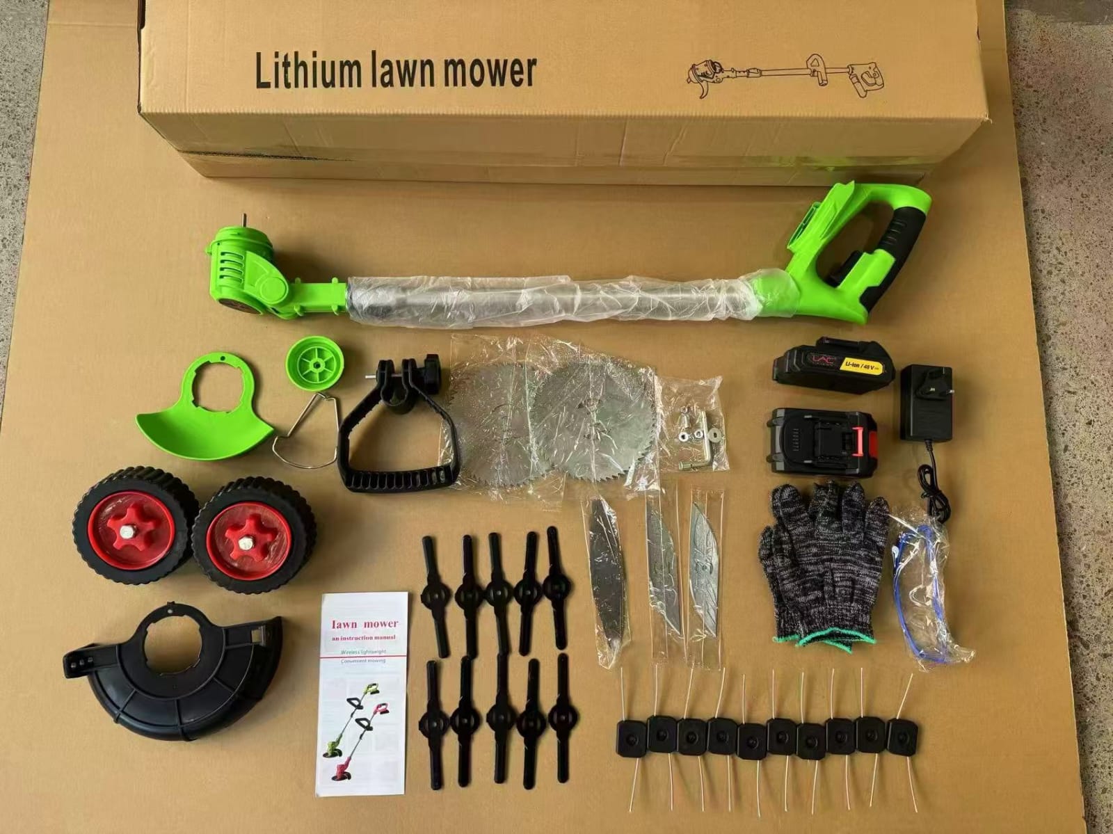 LAC LAICHY L-1717  CORDLESS 2-in-1 MULTIFUNCTIONAL LAWN MOWER & GRASS TRIMMER KIT with PLASTIC BLADE, FLAT METAL BLADE, CIRCULAR SAW BLADE 2 48V BATTERIES WITH 2 WHEELS.