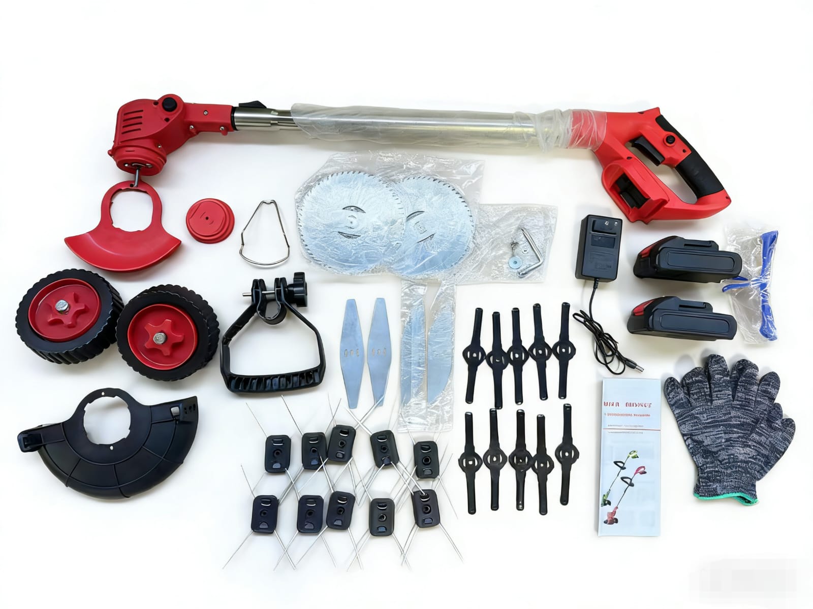 LAC LAICHY L-1717  CORDLESS 2-in-1 MULTIFUNCTIONAL LAWN MOWER & GRASS TRIMMER KIT with PLASTIC BLADE, FLAT METAL BLADE, CIRCULAR SAW BLADE 2 48V BATTERIES WITH 2 WHEELS.