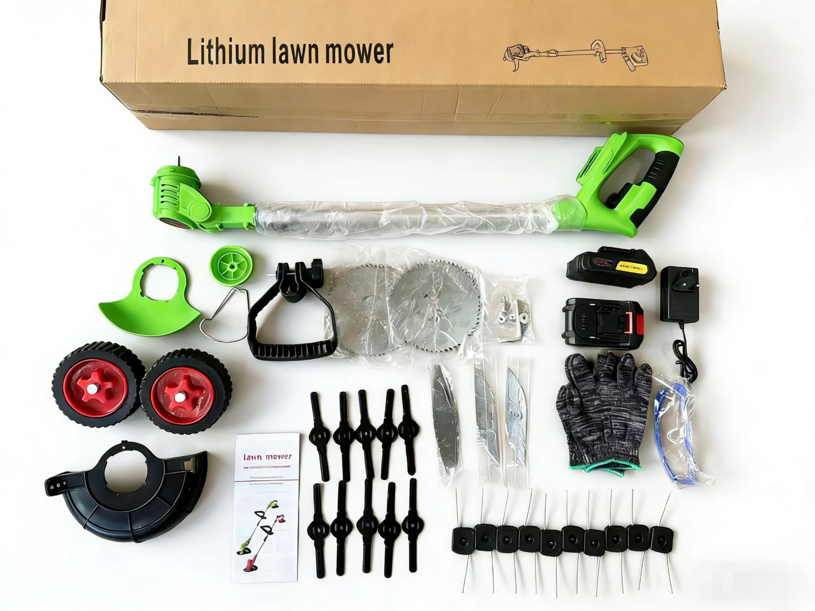 LAC LAICHY L-1717  CORDLESS 2-in-1 MULTIFUNCTIONAL LAWN MOWER & GRASS TRIMMER KIT with PLASTIC BLADE, FLAT METAL BLADE, CIRCULAR SAW BLADE 2 48V BATTERIES WITH 2 WHEELS.