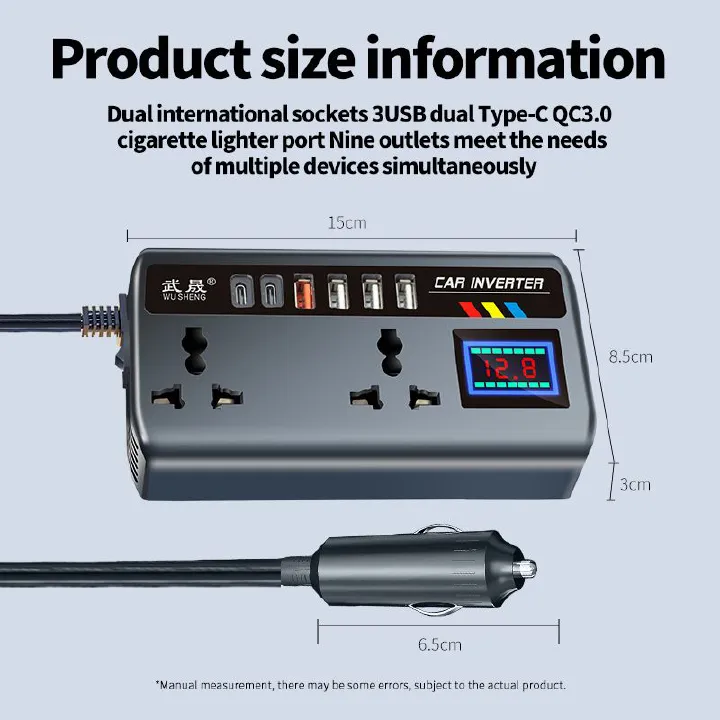 12V/24V to 220v car inverter truck car universal converter mobile phone dual flash charging socket charger ， 200W Car Power Inverter，Durable Power Converter.4 USB Ports.