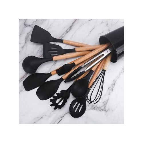 12pc Silicone spoons Non-Stick Cooking Spoon Set With Holder. Heat-resistant food-grade silicone (safe for non-stick cookware) Strong wooden handles for a comfortable, non-slip