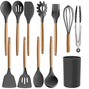 12pc Silicone spoons Non-Stick Cooking Spoon Set With Holder. Heat-resistant food-grade silicone (safe for non-stick cookware) Strong wooden handles for a comfortable, non-slip