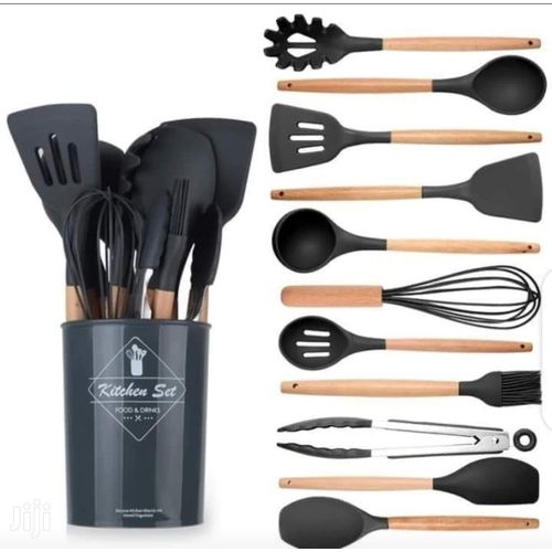 12pc Silicone spoons Non-Stick Cooking Spoon Set With Holder. Heat-resistant food-grade silicone (safe for non-stick cookware) Strong wooden handles for a comfortable, non-slip