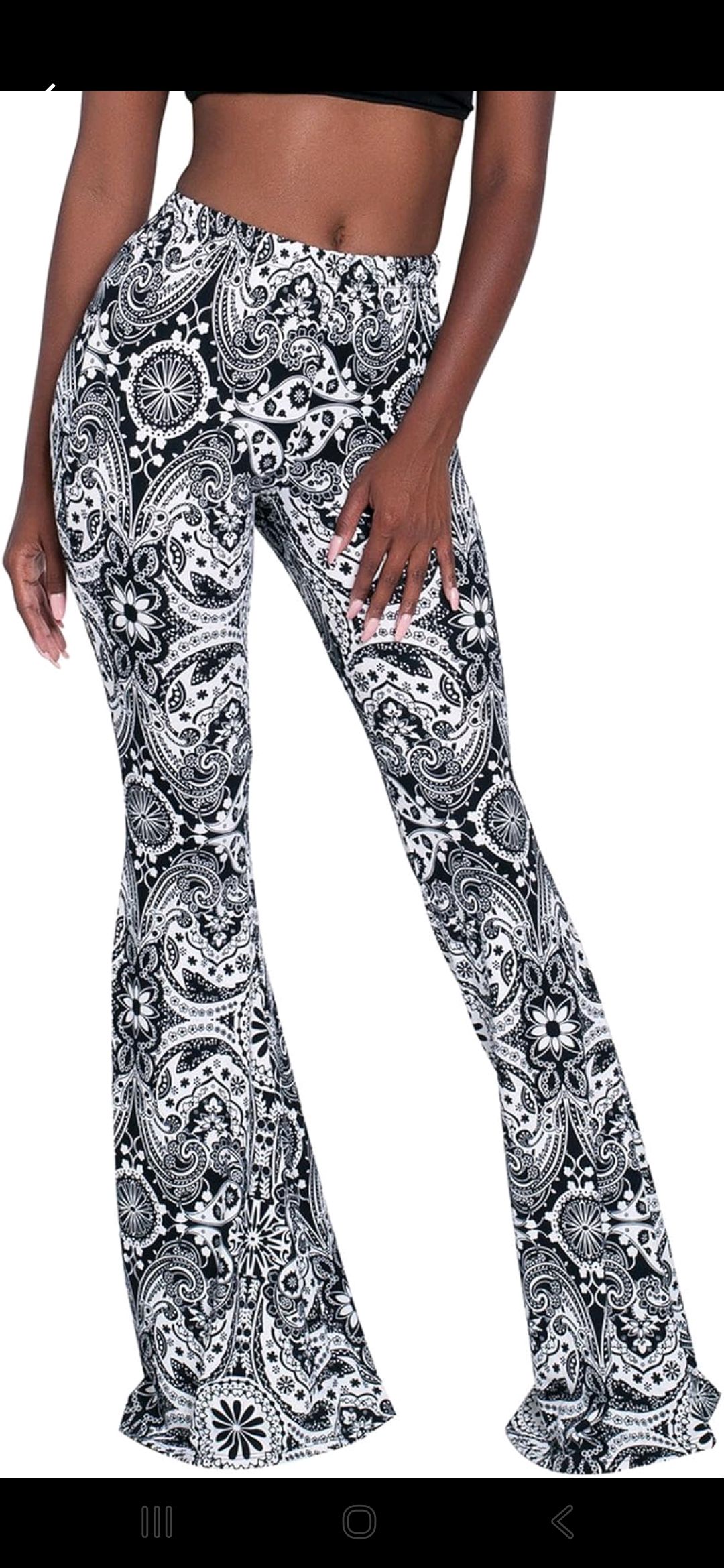 1 Pc Women’s Mixed Design  Print High Waist Flared Palazzo Pants – Stretchy Bell Bottom Fashion Trousers / Black and White Prints.