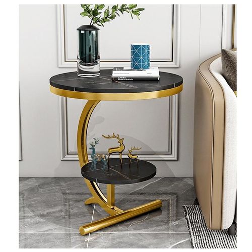 Modern Console Round Double Layer Side Table Bedside Cabinet Coffee Table Marble MDF Top with Gold Frame