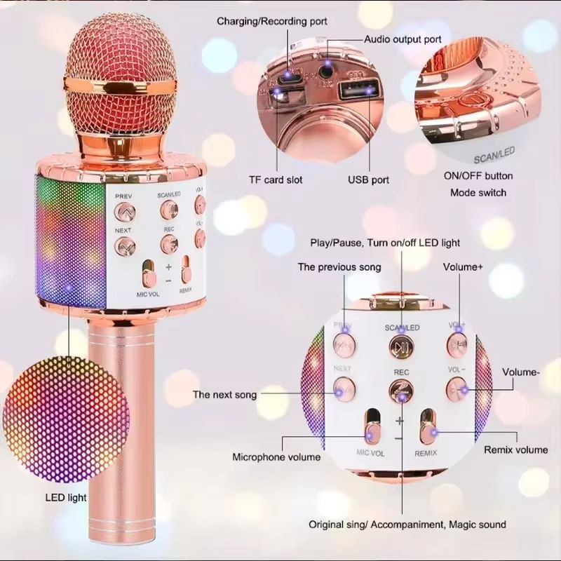 LED Wireless Bluetooth Handheld Microphone for Kids Singing Karaoke KTV Colorful Light Eliminate Music Original Sound Speaker