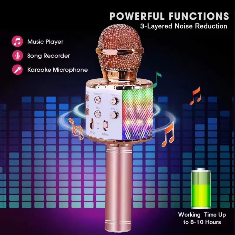 LED Wireless Bluetooth Handheld Microphone for Kids Singing Karaoke KTV Colorful Light Eliminate Music Original Sound Speaker