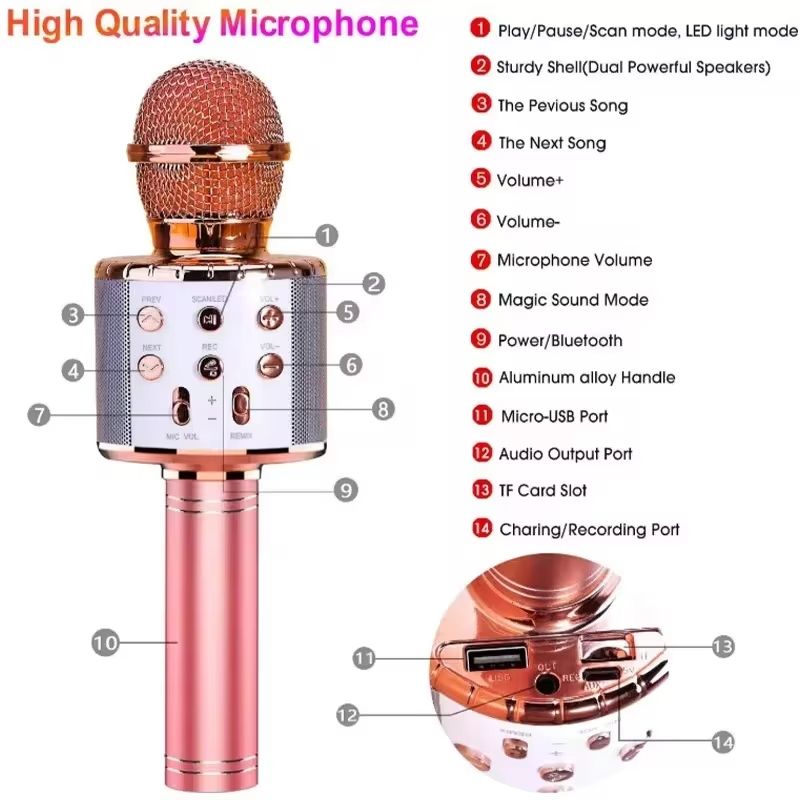 LED Wireless Bluetooth Handheld Microphone for Kids Singing Karaoke KTV Colorful Light Eliminate Music Original Sound Speaker