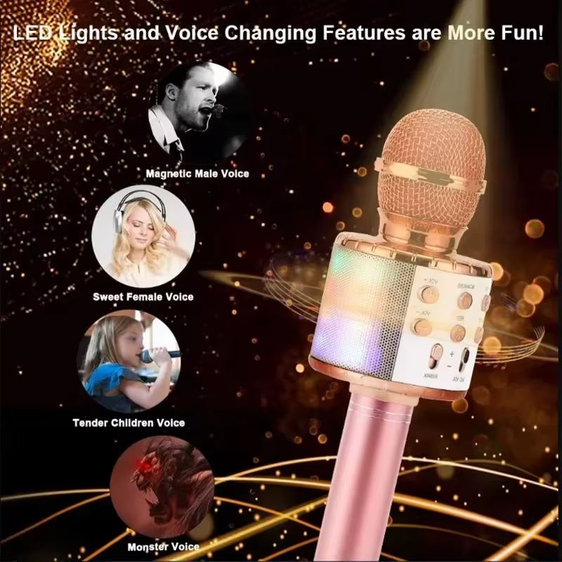 LED Wireless Bluetooth Handheld Microphone for Kids Singing Karaoke KTV Colorful Light Eliminate Music Original Sound Speaker