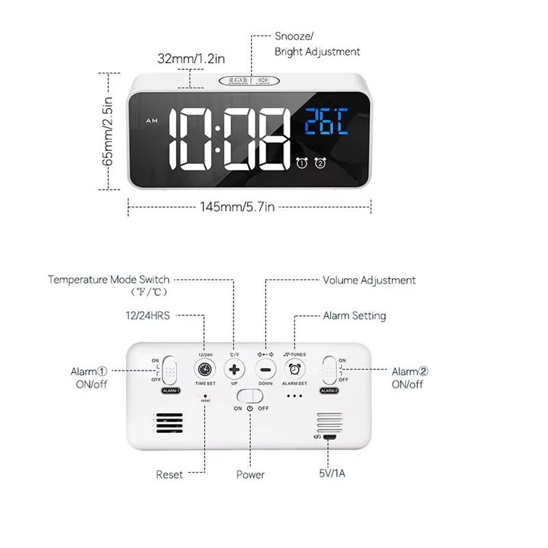Voice Control Digital Alarm Clock TEMP 2 Alarms Snooze Night Mode Table Clock Power Switch 12/24H Rechargeable Music LED Clock