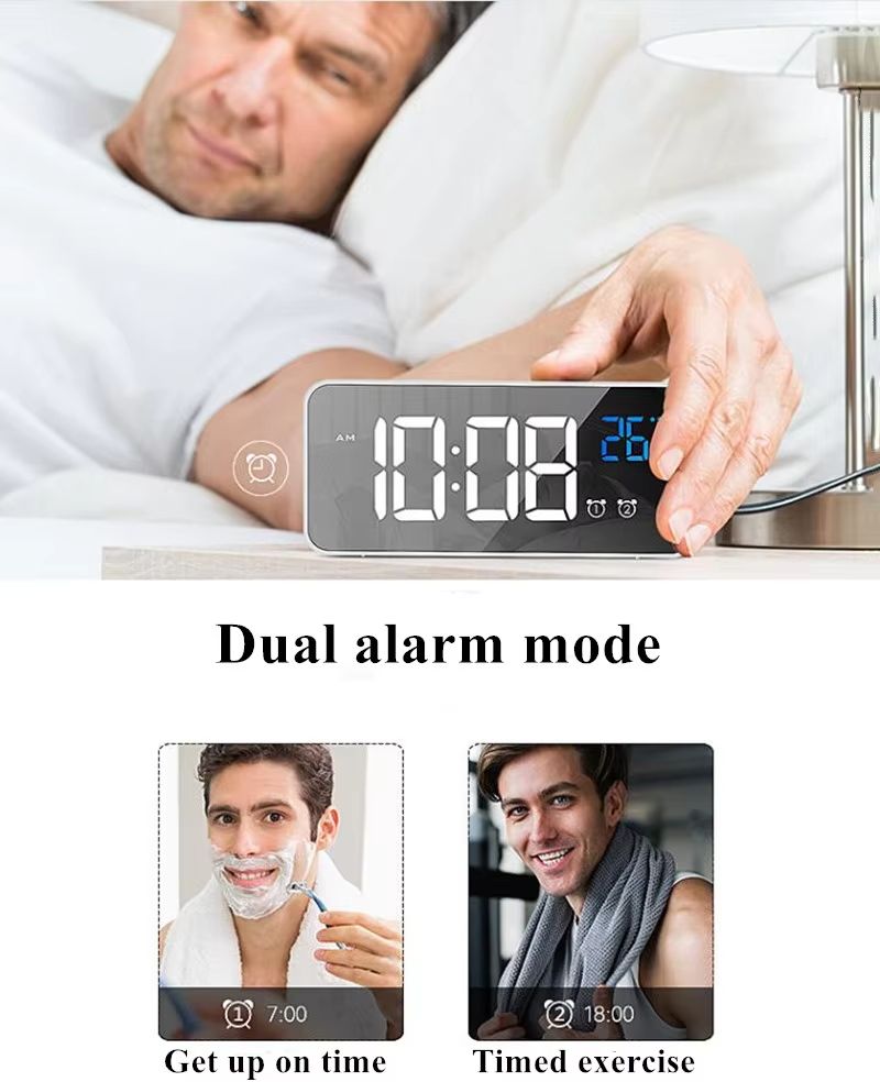 Voice Control Digital Alarm Clock TEMP 2 Alarms Snooze Night Mode Table Clock Power Switch 12/24H Rechargeable Music LED Clock