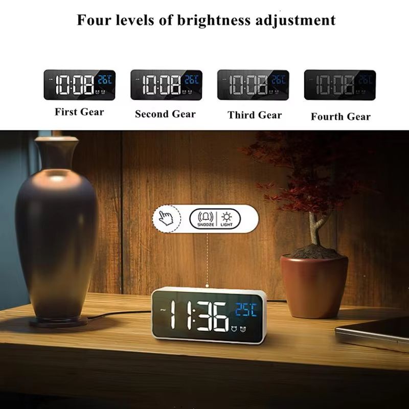Voice Control Digital Alarm Clock TEMP 2 Alarms Snooze Night Mode Table Clock Power Switch 12/24H Rechargeable Music LED Clock
