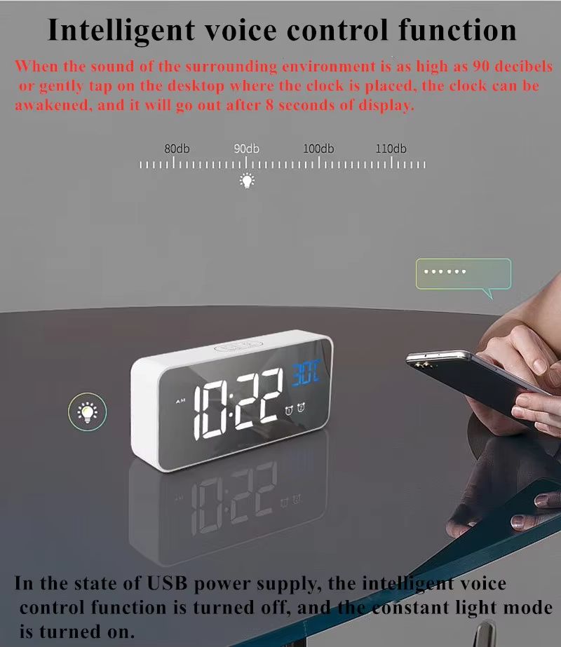 Voice Control Digital Alarm Clock TEMP 2 Alarms Snooze Night Mode Table Clock Power Switch 12/24H Rechargeable Music LED Clock