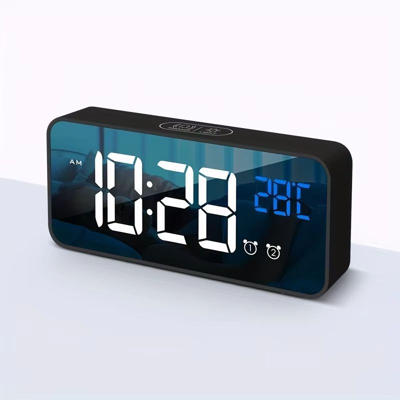 Voice Control Digital Alarm Clock TEMP 2 Alarms Snooze Night Mode Table Clock Power Switch 12/24H Rechargeable Music LED Clock
